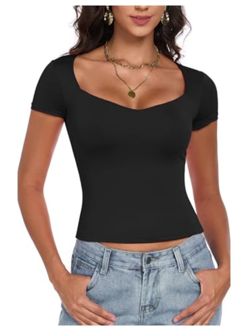 Sweetheart Neck Short Sleeve Crop Top Slim Fit Basic Tee